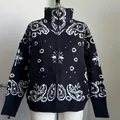 Vintage black paisley knitted cardigan with zipper closure and stand-up collar design - S / Tops / Navy Blue