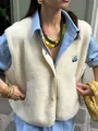 Stylish women's white fuzzy fleece vest jacket with vintage patch for casual commute - S / Tops / Off White