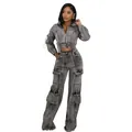Stylisches graues Denim-Set aus gewaschenem Jeansstoff mit Cargo-Hose und kurzer Jacke - S / Oberteil und Hose / Dunkelgrau