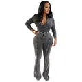 Zweiteiliges Set in verwaschenem Grau mit Reißverschluss-Top und Schlaghose für Damen - 2XL / Oberteil und Hose / Schwarz