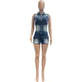 Stylish sleeveless washed denim romper featuring zip front and multiple utility pockets - S / Top And Bottom / Blue