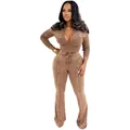 Lässiges, braunes, geripptes zweiteiliges Freizeitset mit Schlaghose für Damen, Wascheffekt - 2XL / Oberteil und Hose / Khaki
