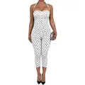 Detail view of a white polka dot halter jumpsuit featuring elegant white lace trim - S / Top And Bottom / White
