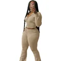 Detail view of women's beige knit 2-piece casual tracksuit with zip hoodie and pants - S / Top And Bottom / Khaki