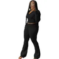 Stylish black two-piece knitted set featuring a cropped zip-up hoodie and trendy flare pants - S / Top And Bottom / Black
