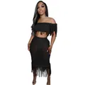 Sexy black two-piece see-through knit crochet beach set with fringe details for women. - S / Top And Bottom / Black
