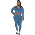 Distressed acid wash two-piece fashion set with zip-up crop top and matching ribbed leggings - S / Top And Bottom / Blue