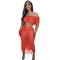 Detail view of orange crochet knit two-piece set with sexy fringe for beachwear - S / Top And Bottom / Orange Red