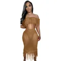 Sexy two-piece brown crochet knit beach set with fringe detailing on crop top and midi skirt - Camel