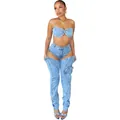 Sexy light wash denim two-piece set with strapless tube top and cutout zipper pants - S / Top And Bottom / Blue