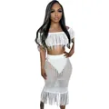 Detailed view of white crochet knit beach set with sexy see-through mesh and fringe - S / Top And Bottom / White