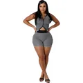 Front view of women's grey striped knitted clothing set with functional two-way zipper - S / Top And Bottom / Black
