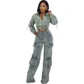 Zweiteiler aus gewaschenem blauem Denim mit kurzer Jacke und High-Waist-Cargo-Hose - S / Oberteil und Hose / Blau