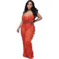 Ensemble de plage deux pièces sexy en crochet orange avec haut licou et pantalon à franges. - Orange
