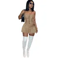 Detail of khaki corset dress with hollow eyelets and lace-up front design - Khaki