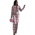 Conjunto de punto de dos piezas para mujer con estampado de rombos, cárdigan y pantalón. - 3XL / Top Y Pantalón / Rosa