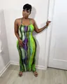 Sexy green and purple tie-dye print bodycon spaghetti strap maxi dress for women - S / Dresses / Green