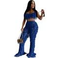 Detailed full-body shot of a royal blue hand-crocheted tassel two-piece beach set - S / Top And Bottom / Sapphire Blue