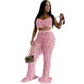 High-quality detailed view of pink hand-crocheted fringe beach set with sexy tassel accents - S / Top And Bottom / Pink