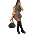 Trendy sexy brown leather pleated mini skirt paired with black mesh top and boots - S / Bottoms / Dark Brown