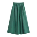 Jupe longue plissée vert foncé élégante avec taille haute élastique et poches latérales - XS / Bas / Vert