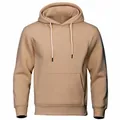 Close-up view of a solid tan unisex fleece hoodie with a front kangaroo pocket. - Camel
