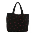 Cute black corduroy tote bag featuring all-over red strawberry print for daily commuting - One Size / Black
