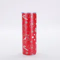 Close-up of 20oz red Christmas slim tumbler with white festive pattern and clear lid - Style 4 (Red Snowman Snowflake)