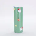 Detail view of a 20oz slim insulated Christmas tumbler with festive Santa and reindeer pattern - Style 2 (Dark Green Santa Claus)