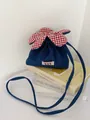 Cute denim crossbody phone bag with red checkered flower top and strawberry label - Denim Style / Dark Blue