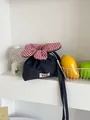 Cute flower-shaped denim crossbody bag with red checkered lining and YES HONEY tag - Black Denim Style / Dark Blue