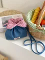 Cute blue denim crossbody phone bag with a red gingham floral drawstring closure - Denim Style / Light Blue