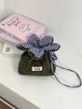 Cute moss green fuzzy crossbody bag featuring a blue gingham flower drawstring top - Plush Style / Moss Green