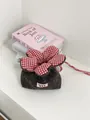 Adorable flower-shaped plush drawstring bag featuring a red and white checkered lining - Plush Style / Ebony Gray