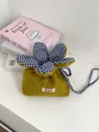 Small flower-shaped crossbody bag with mustard yellow fuzz and blue gingham - Plush Style / Fruit Tree Yellow