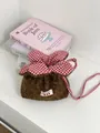 Cute brown fuzzy crossbody pouch with red gingham flower ruffle and strawberry label - Plush Style / Maillard Brown