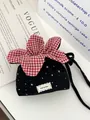 Cute black star print crossbody phone bag with stylish red gingham flower detail - Star Canvas Style / Black