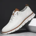 Breathable mens white knitted loafers with brown leather accents slip-on casual sneakers - 40 / White
