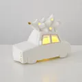 White ceramic Christmas car ornament with LED lights and golden trim, battery operated - Small Classic Car