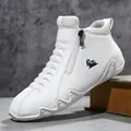 Stylish white high-top casual leather shoes with side zipper and flexible soft sole unit - 38 / Flat Single Shoes (7003) / White