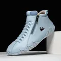 Light blue hand-stitched leather high-top casual shoes with side zipper for women - 38 / Flat Single Shoes (7003) / Light Blue