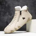 Handgenähte beige Leder-Winterstiefel für Damen mit warmem Fellfutter und Reißverschluss. - 38 / Plüschgefütterter Baumwollschuh (7003M) / Sandfarben