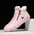 Rosafarbene handgenähte Freizeitstiefel für Damen mit weicher Sohle und warmem Kunstfellfutter - 38 / Plüschgefütterter Baumwollschuh (7003M) / Rosa