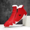 Rote handgenähte Damen-Winterstiefel mit warmem weißem Fellfutter und weicher Sohle - 38 / Plüschgefütterter Baumwollschuh (7003M) / Rot