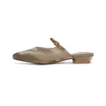 Elegant taupe metallic velvet square toe mule shoe with a stylish gold buckle strap - 35 / Champagne