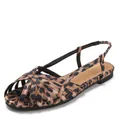 Klassische Retro-Flachsandalen mit Leopardenmuster, Kreuzriemen und offenem Zehendesign - Leopardenprint