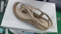 Bohemian beige flat sandal with woven T-strap and metallic detail in size 37 - 38 / Apricot