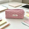 Detail of pink star-patterned canvas pencil case with 'MAY RABBIT' label - Pink with Small Stars