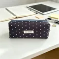 Navy canvas pencil case with white star pattern and zipper for student stationery - Dark Coffee with Small Stars