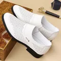 Elegant white men's perforated leather loafers for formal business and wedding wear. - 38 / Hollow Style / White